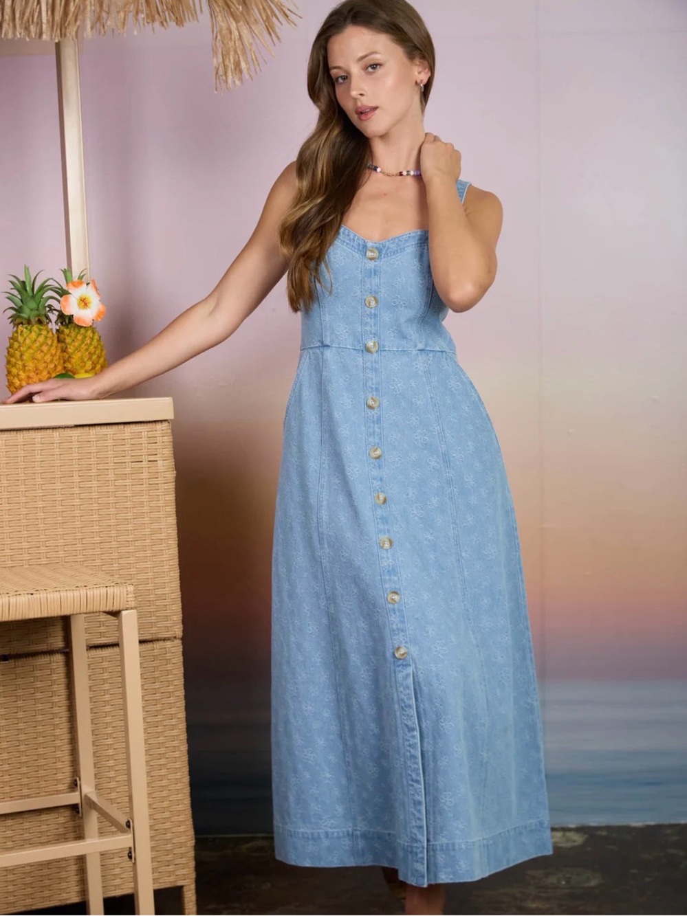 NEW Floral Denim Jacquard Sweetheart Midi Dress Pockets Large